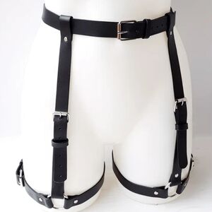 Black PU Leather BDSM Bondage Harness Waist To Thighs Belt (OS)